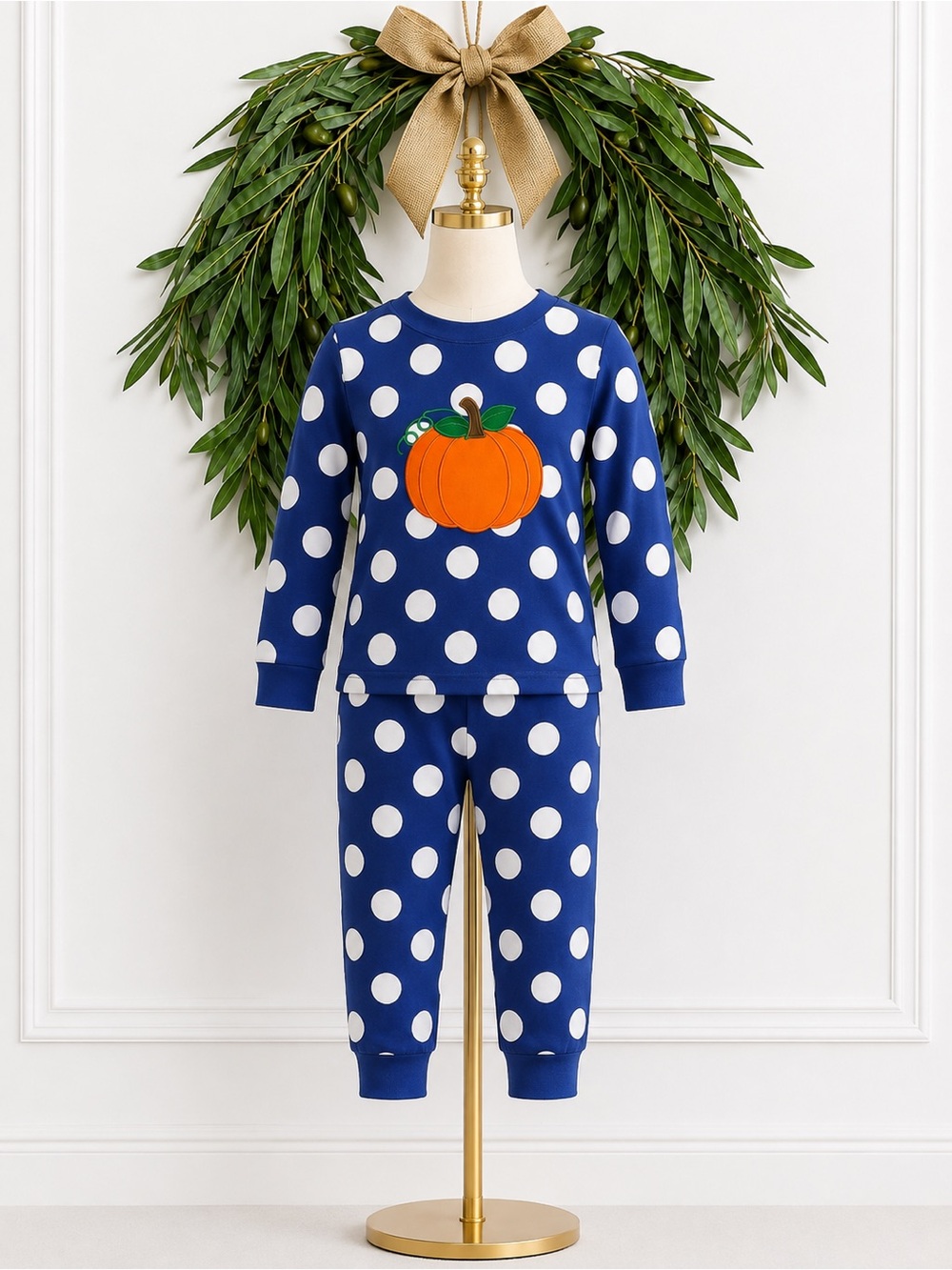 Classic Whimsy Blue Polka Dot Pajama Set Pumpkin 12-18 Months Halloween